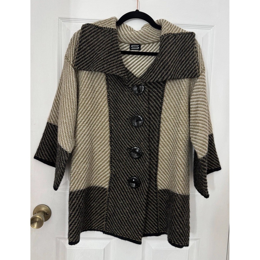 Sioni Patchwork Cardigan Sweater Women's‎ Medium Black Tan Long Sleeve Button